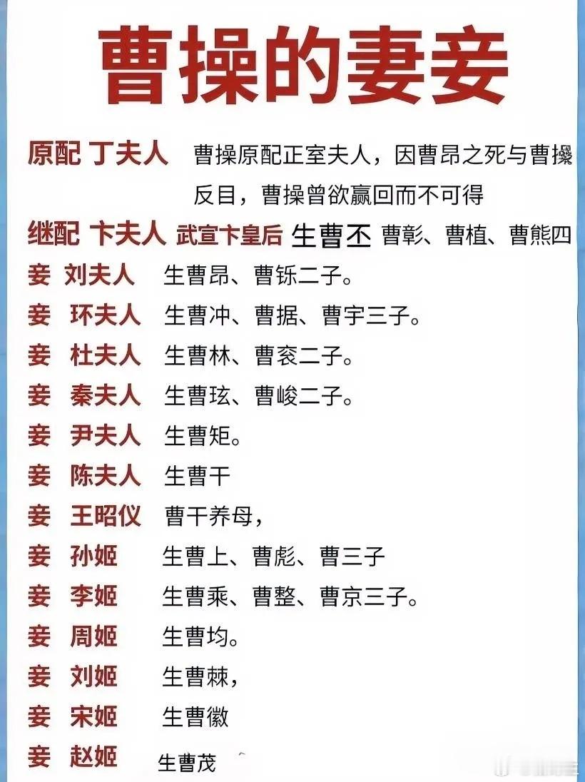 曹操妻妾成群，但真正在历史上留下浓墨重彩的，除了原配丁夫人，便是生下曹丕、曹植等