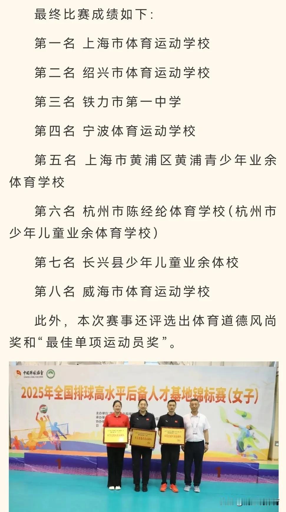 陈丽怡领衔天津体校女排斩获“体育道德风尚运动队”奖项。2025全国排球高水平后备
