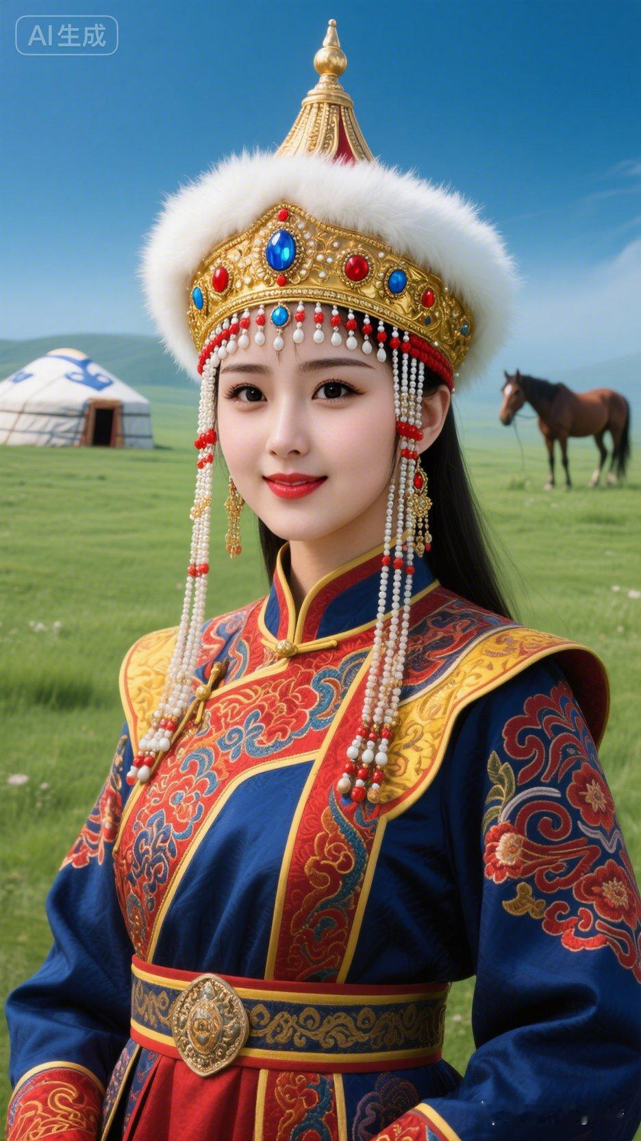 草原上的美丽公主，身着华丽的蒙古服饰，背景是广阔的草原和悠扬的马儿。
