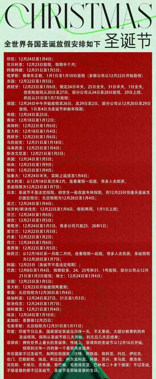 各国圣诞节放假安排🎄