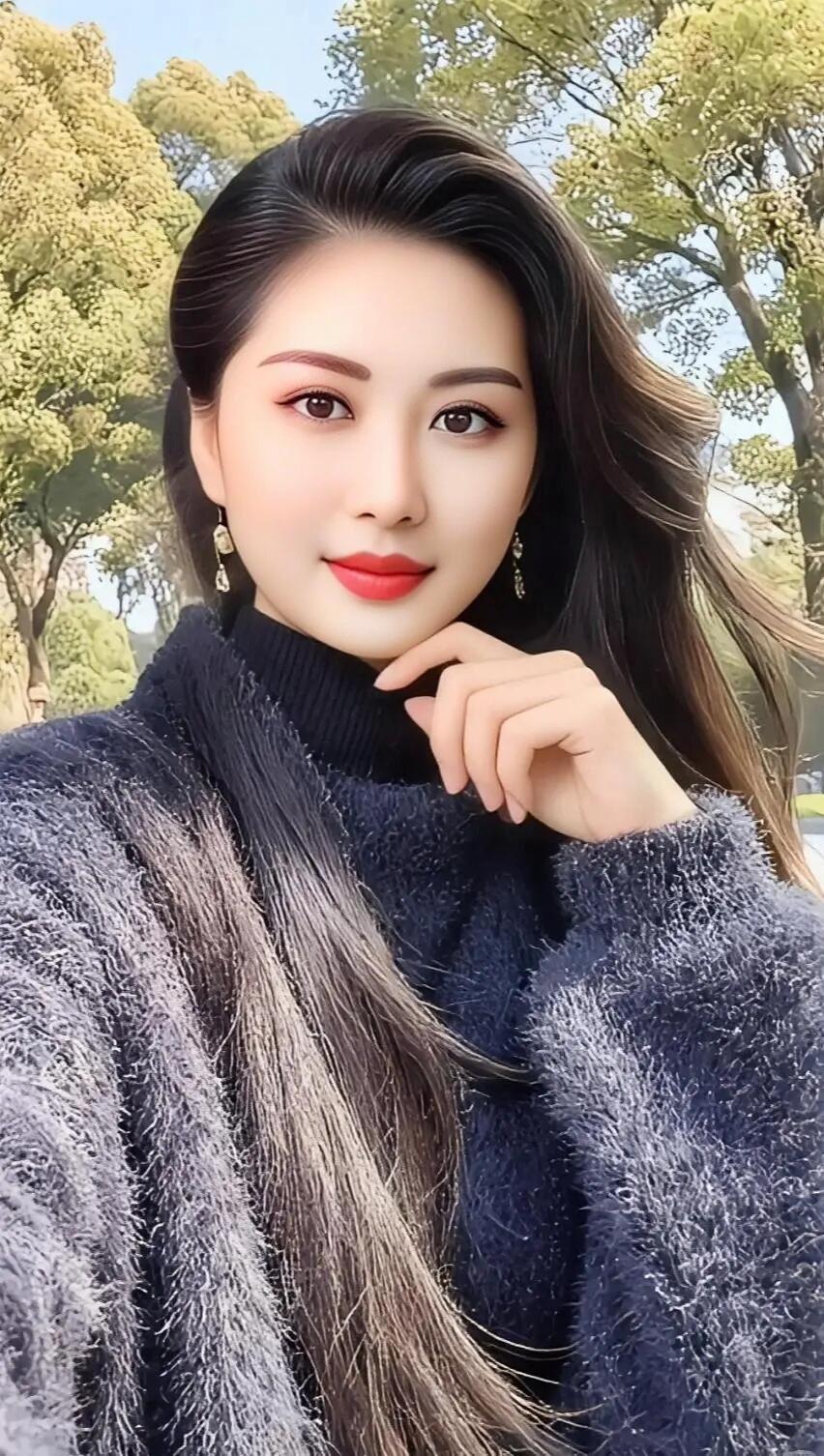 秋日暖阳下的温柔自拍，毛茸茸毛衣搭配红唇，元气满满！🍂💄📸