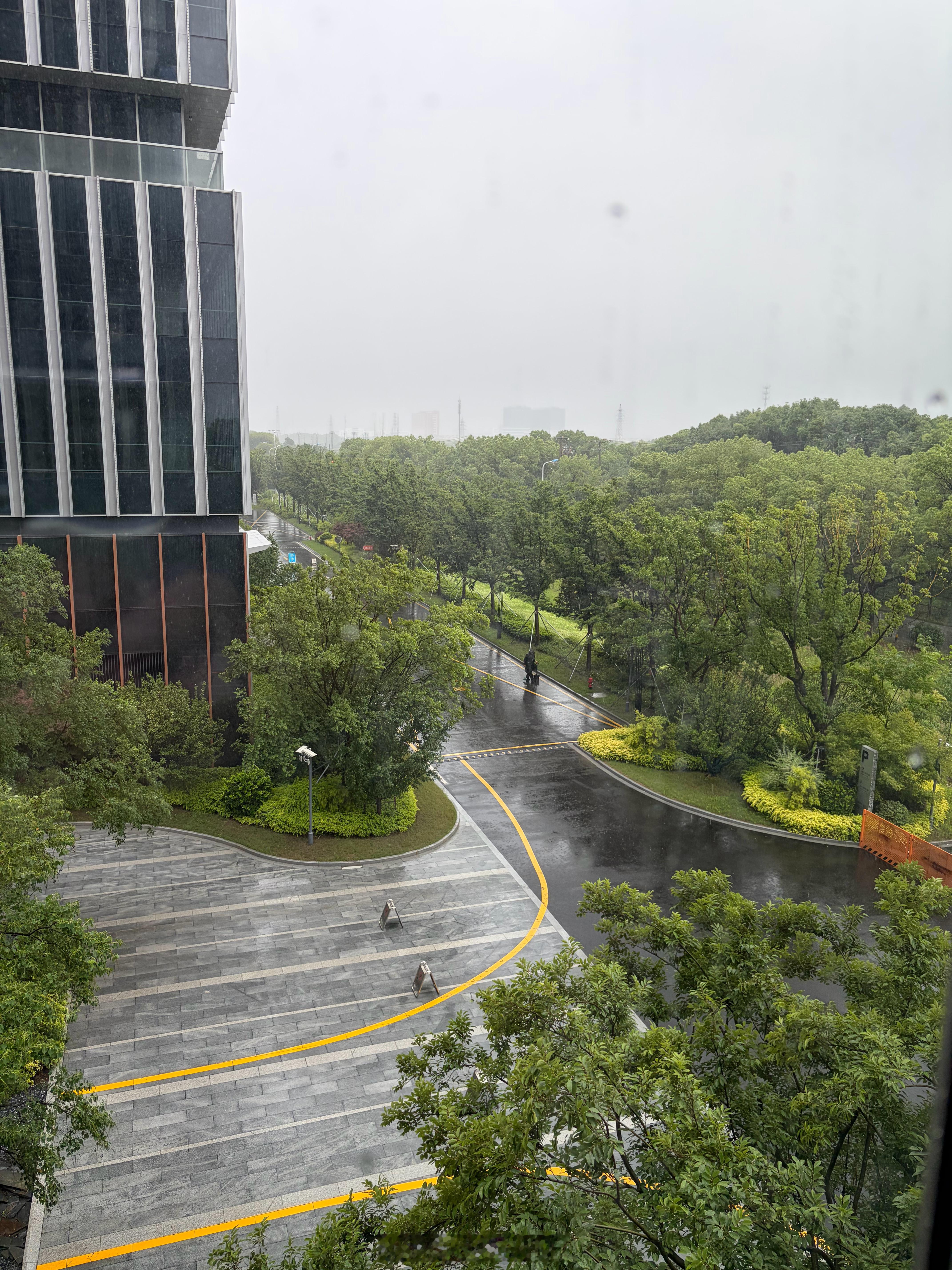 看来这个物业公司管理很严格，这么大雨还在扫地。 