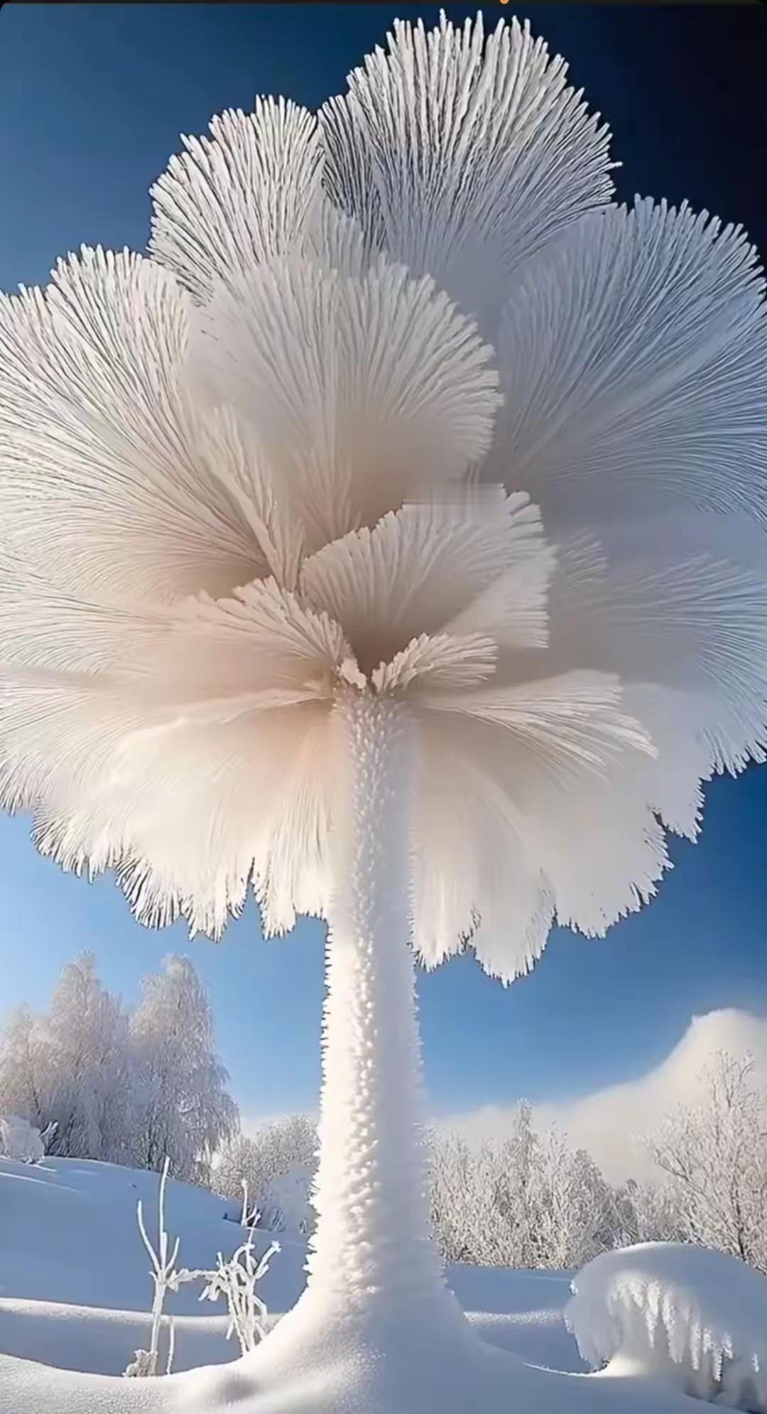 梦幻雪景中的冰霜蘑菇，宛如童话世界中的仙境。