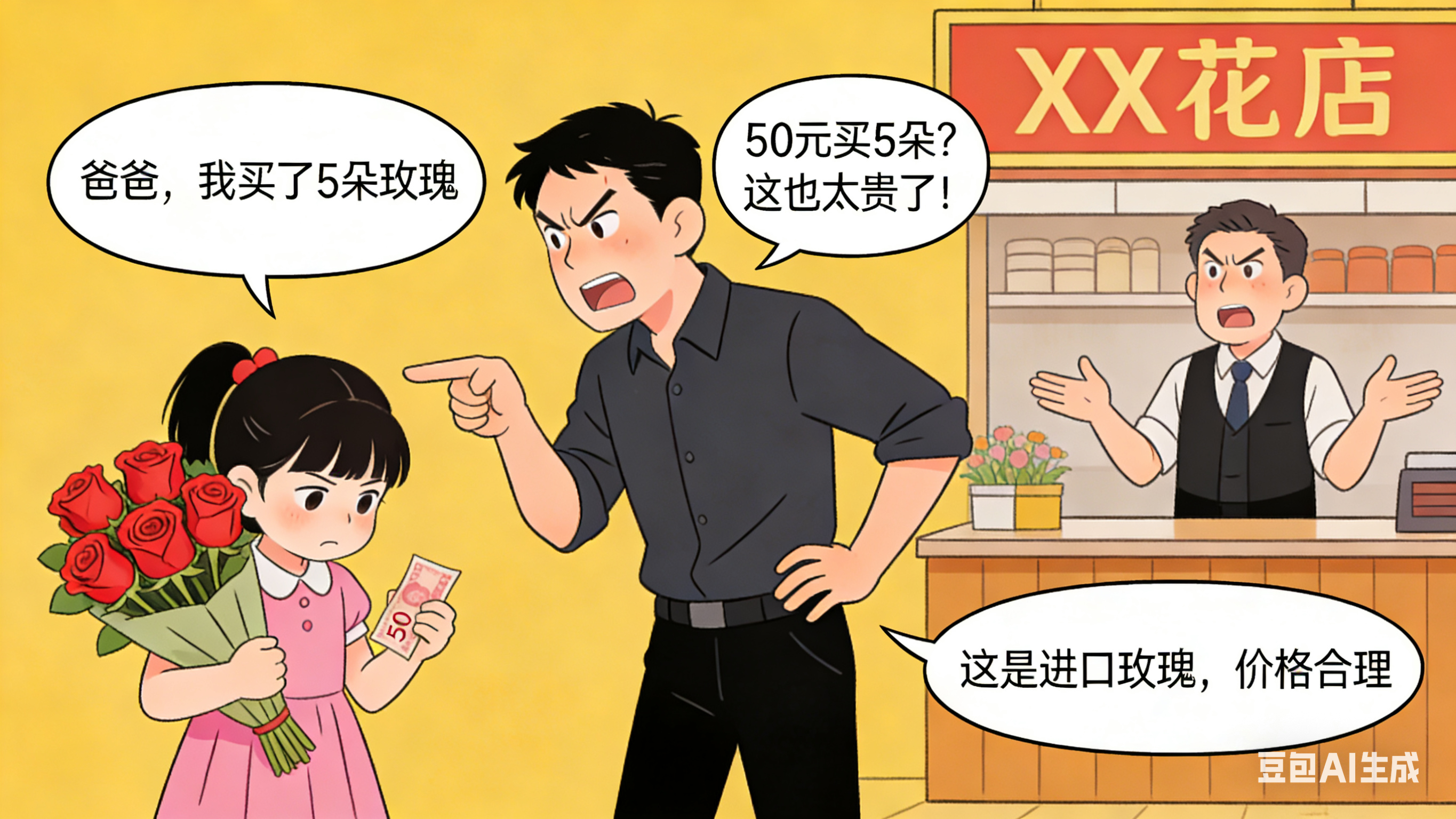 女孩50元买5朵玫瑰父亲大闹花店 女孩父亲真是给孩子做了很差的示范，妇女节女孩买