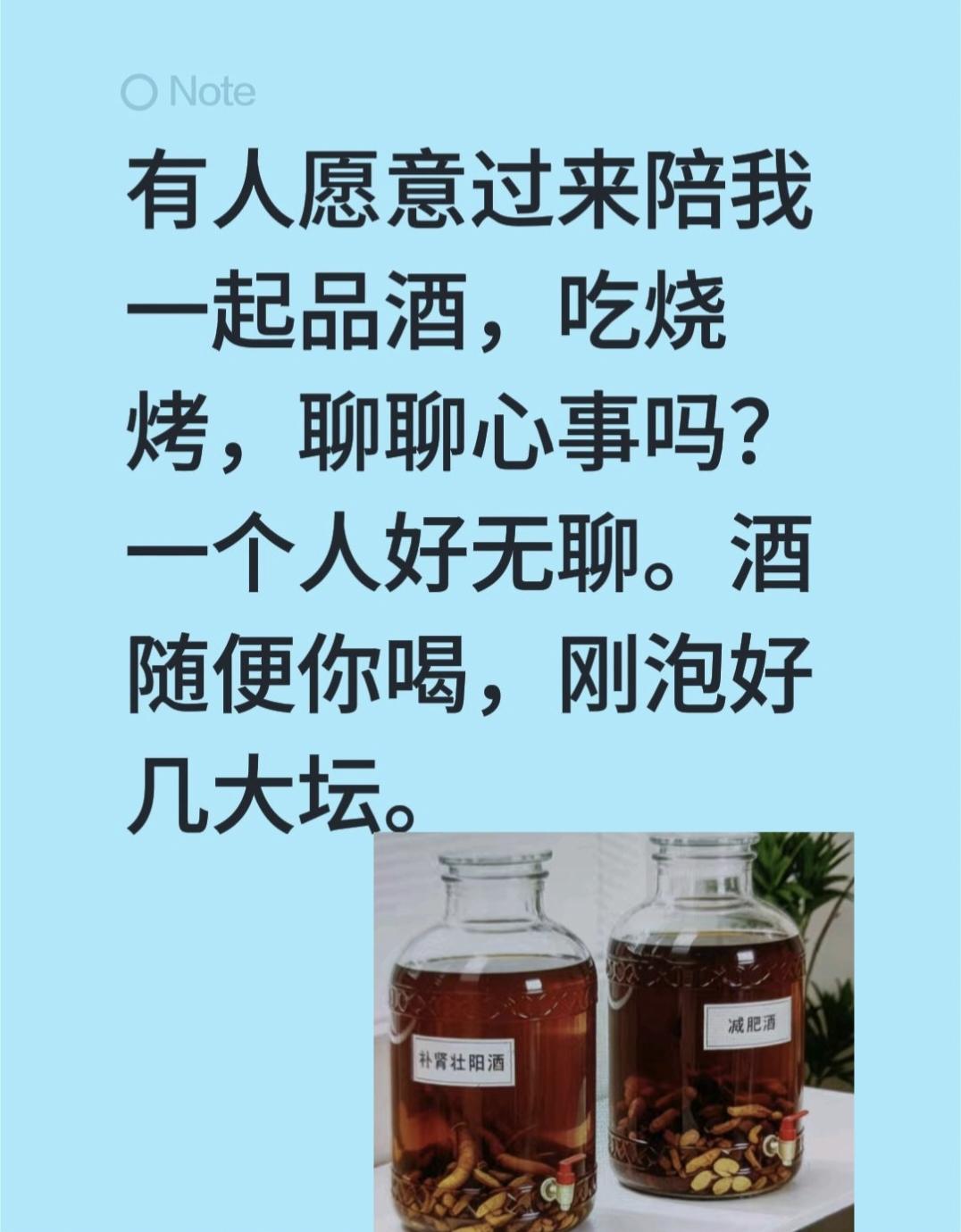 有人愿意过来陪我一起品酒，吃烧烤，聊聊心事吗？一个人好无聊啊。酒随便你喝，刚泡好