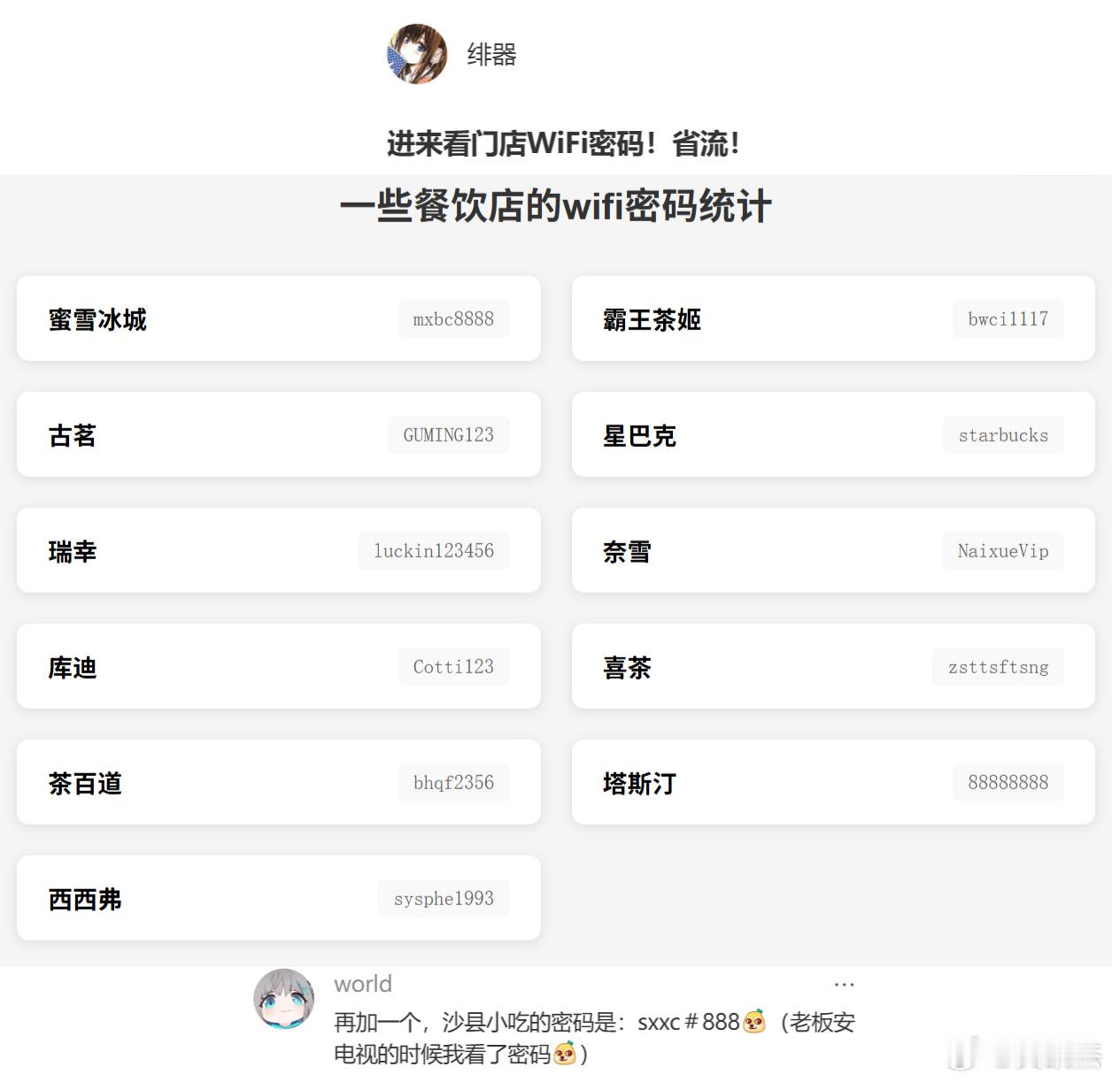 网友统计的一些餐饮店的wifi密码,这全国通用吗?还有没有补充的 ​​​