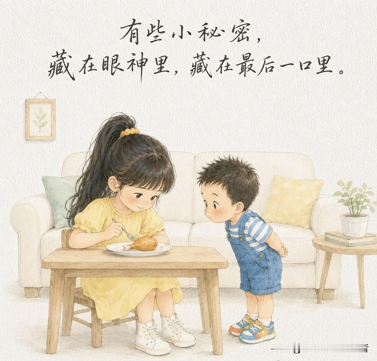 趣味漫画：姐姐吃完饭，盘里还剩最后一块鸡腿。弟弟眼巴巴盯着：「姐，让一让呗，我长