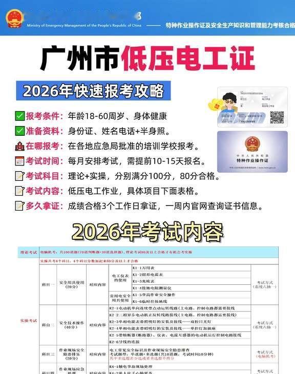 广州市低压电工证2026年快速报考攻略
广州想考低压电工证的朋友！2026 最新