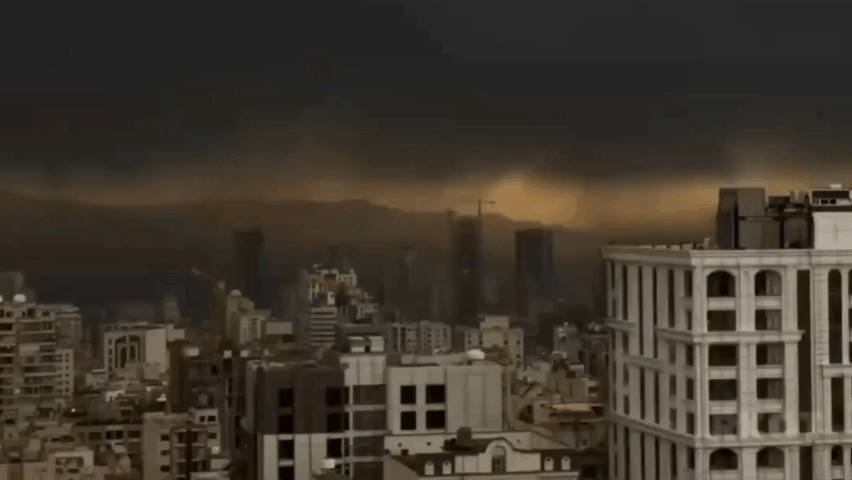 当地时间3月8日早晨，伊朗首都德黑兰上空被厚重烟雾笼罩，太阳被弥漫在天空中的浓烟