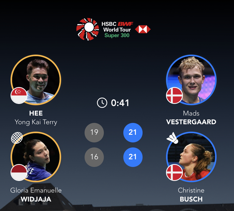 麦斯/布施🇩🇰 21-19、21-16 🇸🇬许永凯/🇮🇩维德佳佳决赛