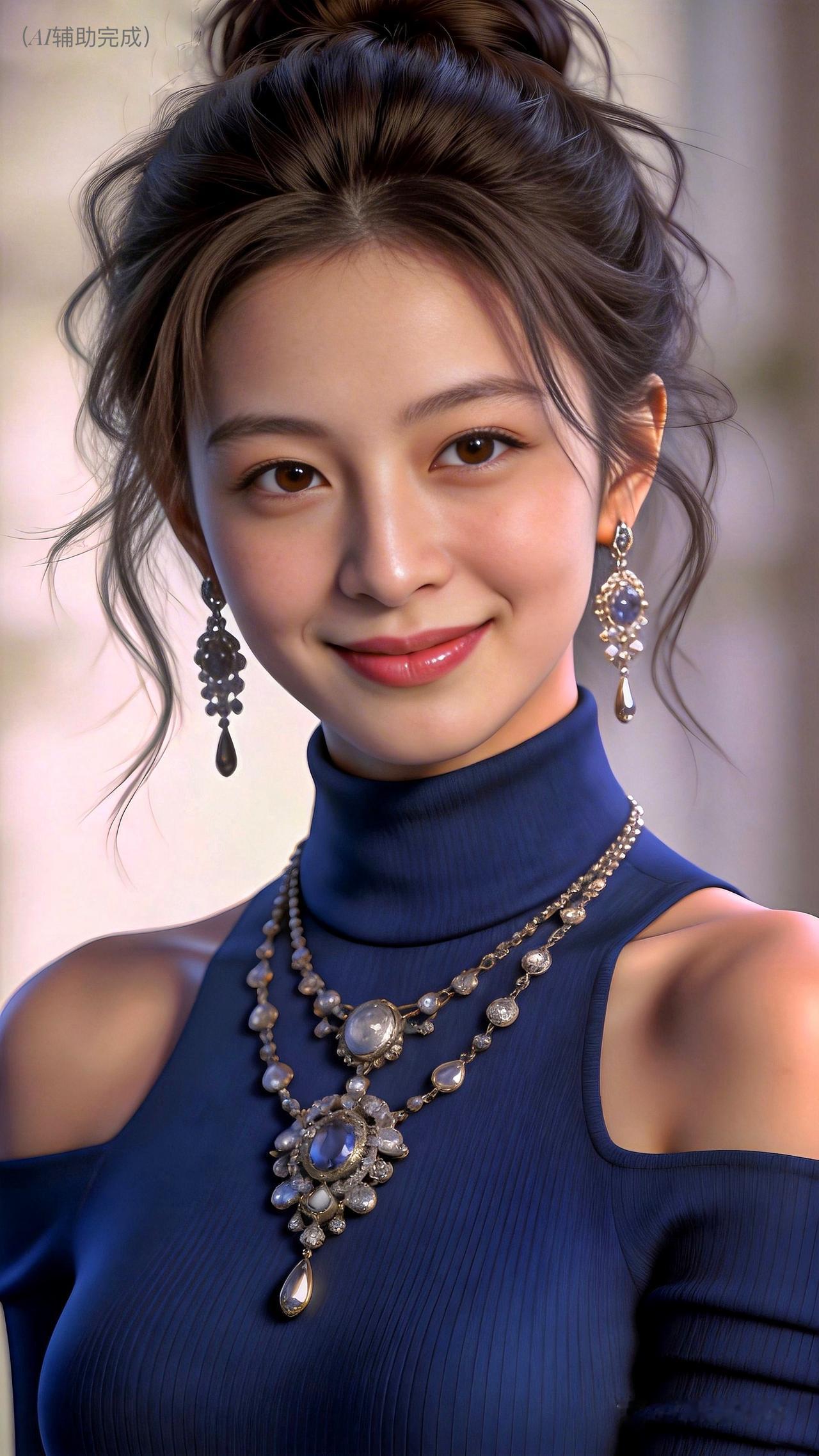 九帧同绘蓝裙高贵仙。高盘发碎发添柔，深蓝露肩上衣裹雅姿。珠宝项链耳饰耀华，眸含笑