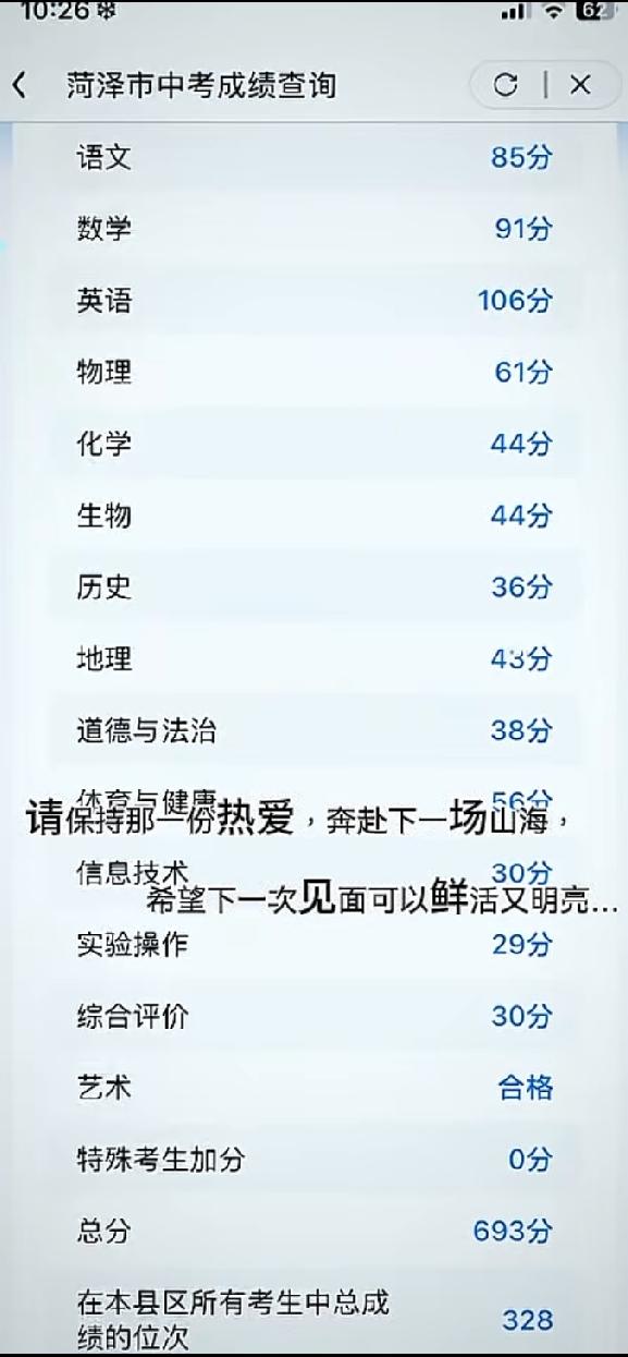 2026年中考成绩：成武县693，位次328。