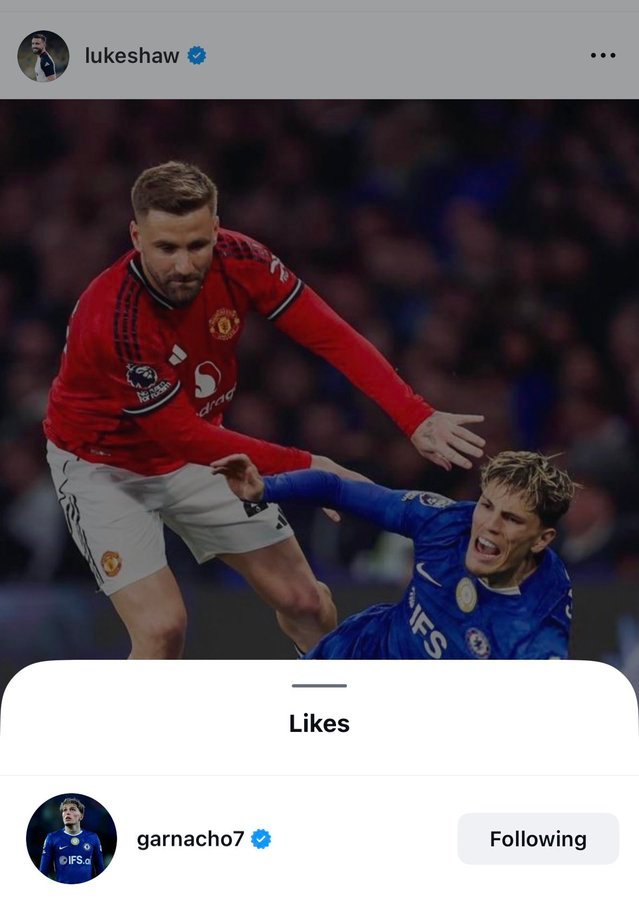 加纳乔点赞卢克·肖晒出的他们俩在比赛中对抗的照片。曼联切尔西0比1曼联