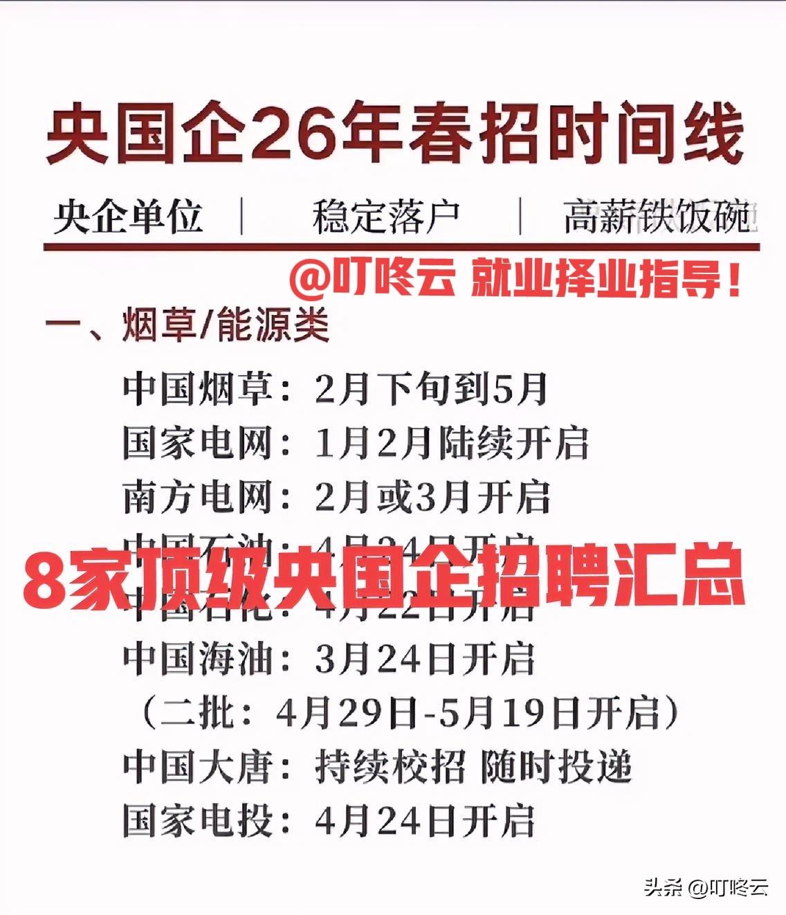 8家央企招聘汇总！央国企26年春招时间线：黄金窗口期，上岸要趁“早”！@叮咚云 