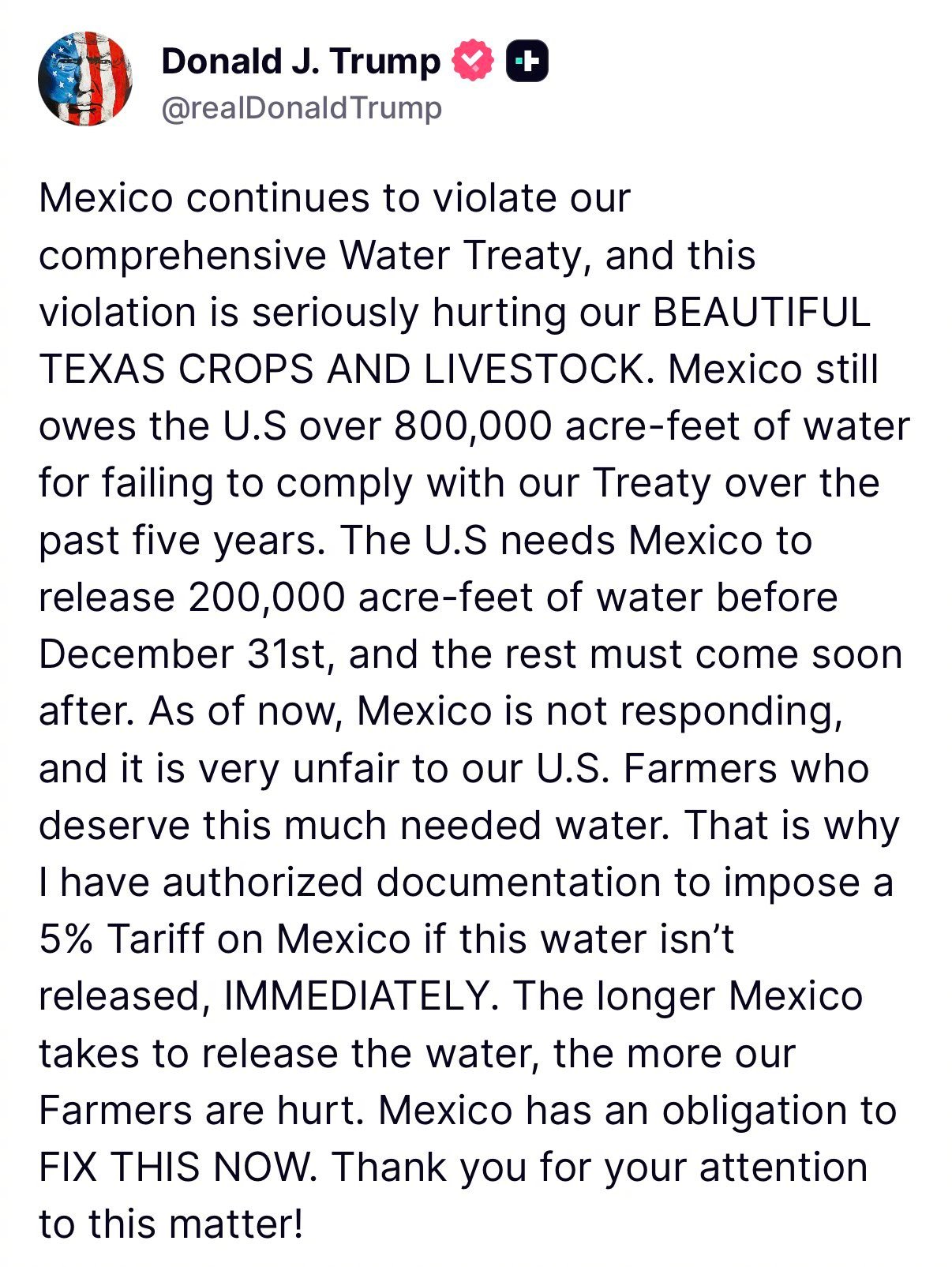 特朗普威胁墨西哥不供水就加关税美国总统特朗普8日在社交媒体发帖称，如果墨西哥不立