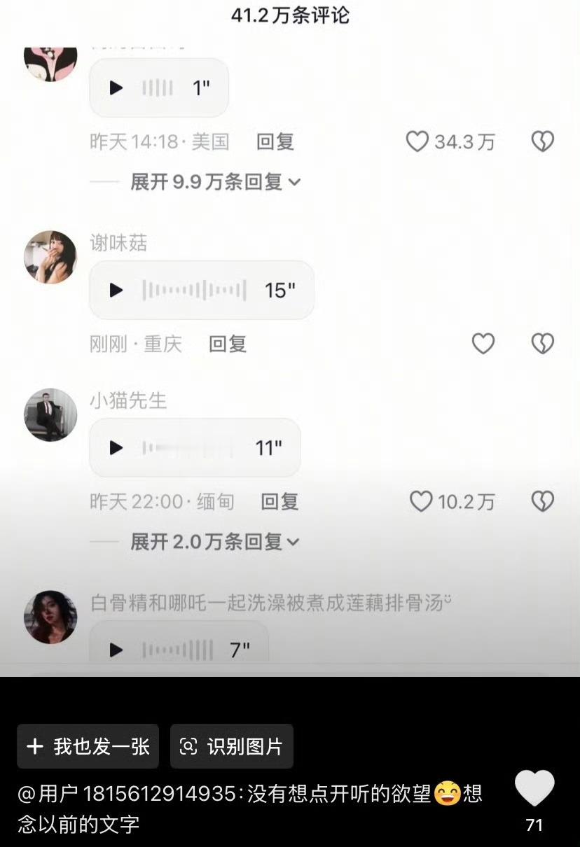 语音评论 刷到全是语音条的评论真的懒得点开，还是文字看着快。