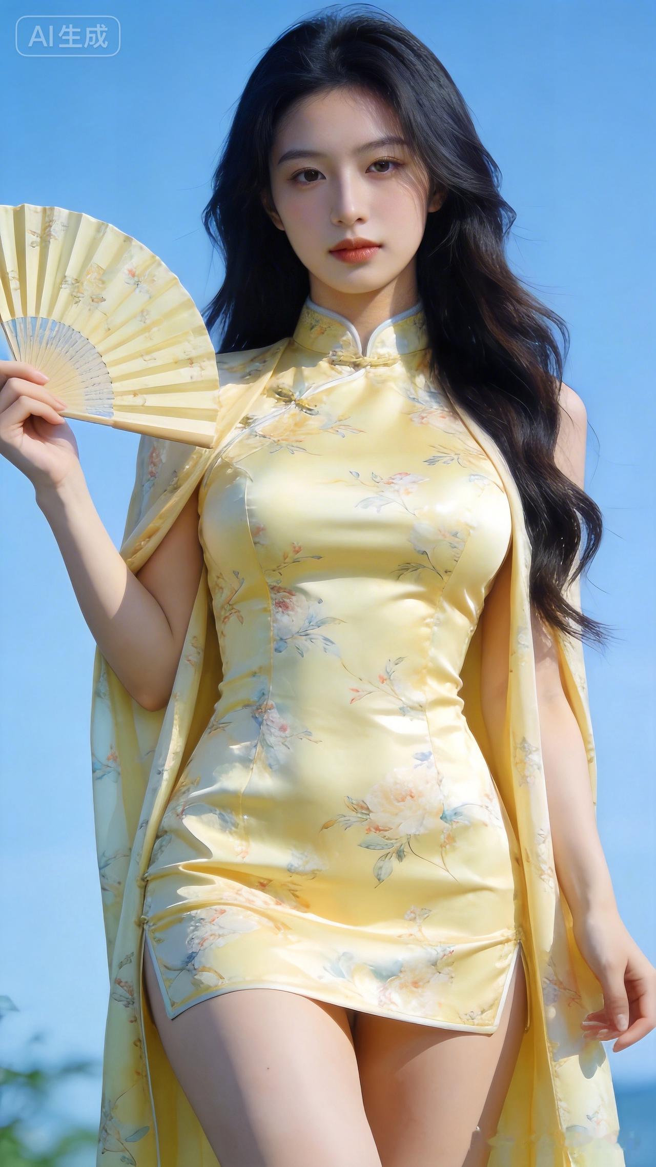 夏日清凉穿搭指南：黄色旗袍裙搭配扇子，优雅又复古！🌞👗💄