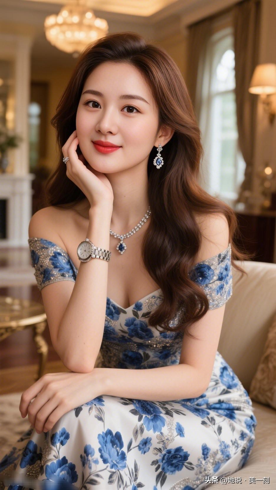 花间美人笑，红妆映玉颜。分享你心中的女神 优雅蓝裙，闪耀珠宝，甜美笑容，完美女神