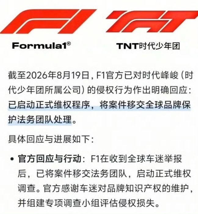 时代少年团F1商标相似度F1官方启动维权，处理商标相似争议，重视品牌知识产权问题
