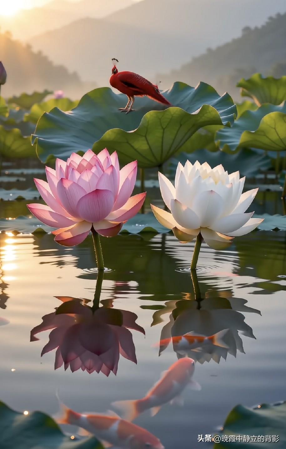 荷塘锦鲤配上红孔雀，画面清雅又吉祥，这幅美景是不是寓意着好运连连？