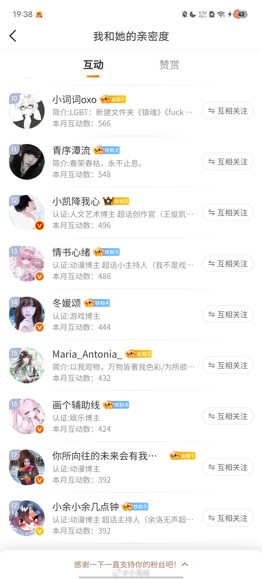 提前截了互动榜前十八，这个月比较低浮没怎么互动，谢谢你们和我一起玩，爱你们呀 
