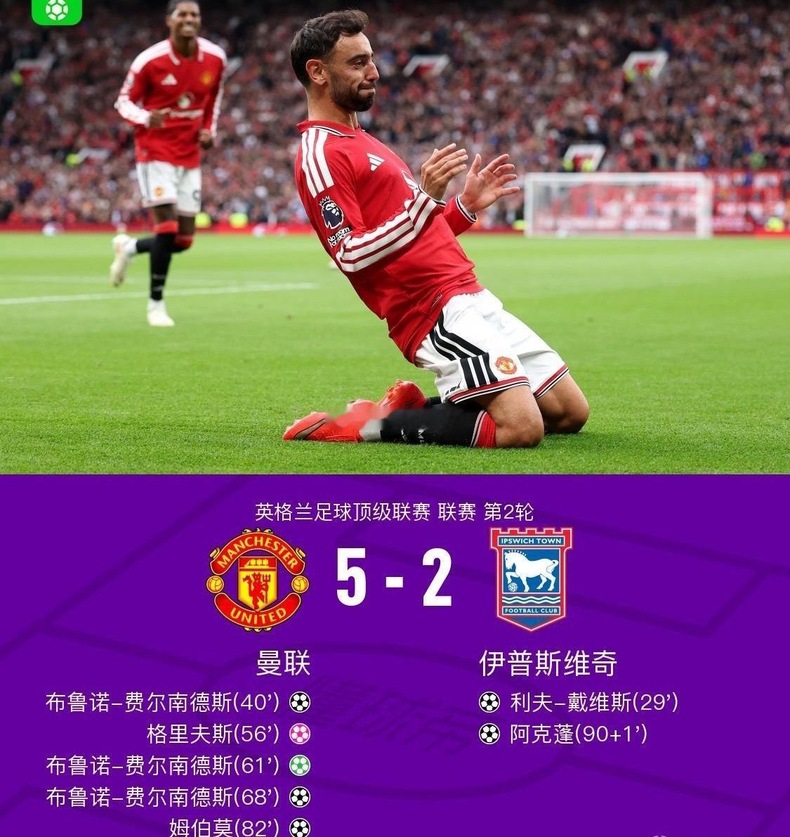 曼联5-2伊普斯维奇，B费戴帽+助攻，姆伯莫破门，库尼亚造点北京时间8月30日英