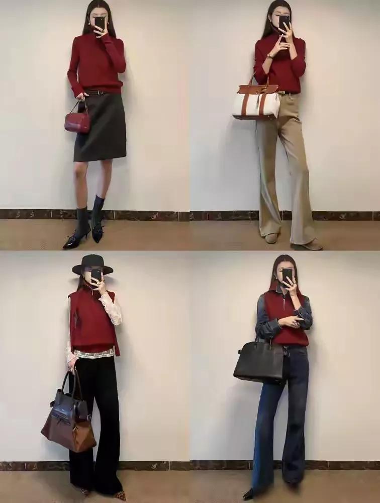 秋冬穿搭指南，红色毛衣搭配黑色长靴，尽显优雅与时尚！棕色毛衣穿搭 黑红色穿搭 玫