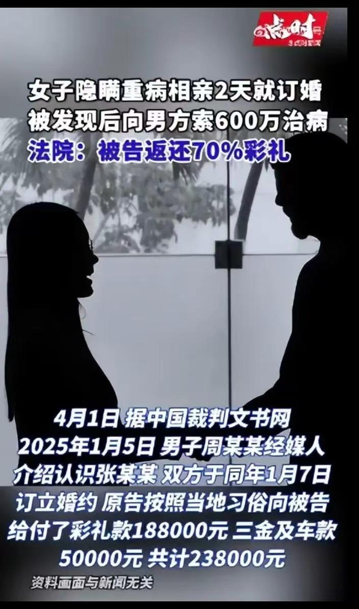 太炸裂了！女子隐瞒患有尿毒症，经人介绍与男子相亲两天后订婚，男方给了238000