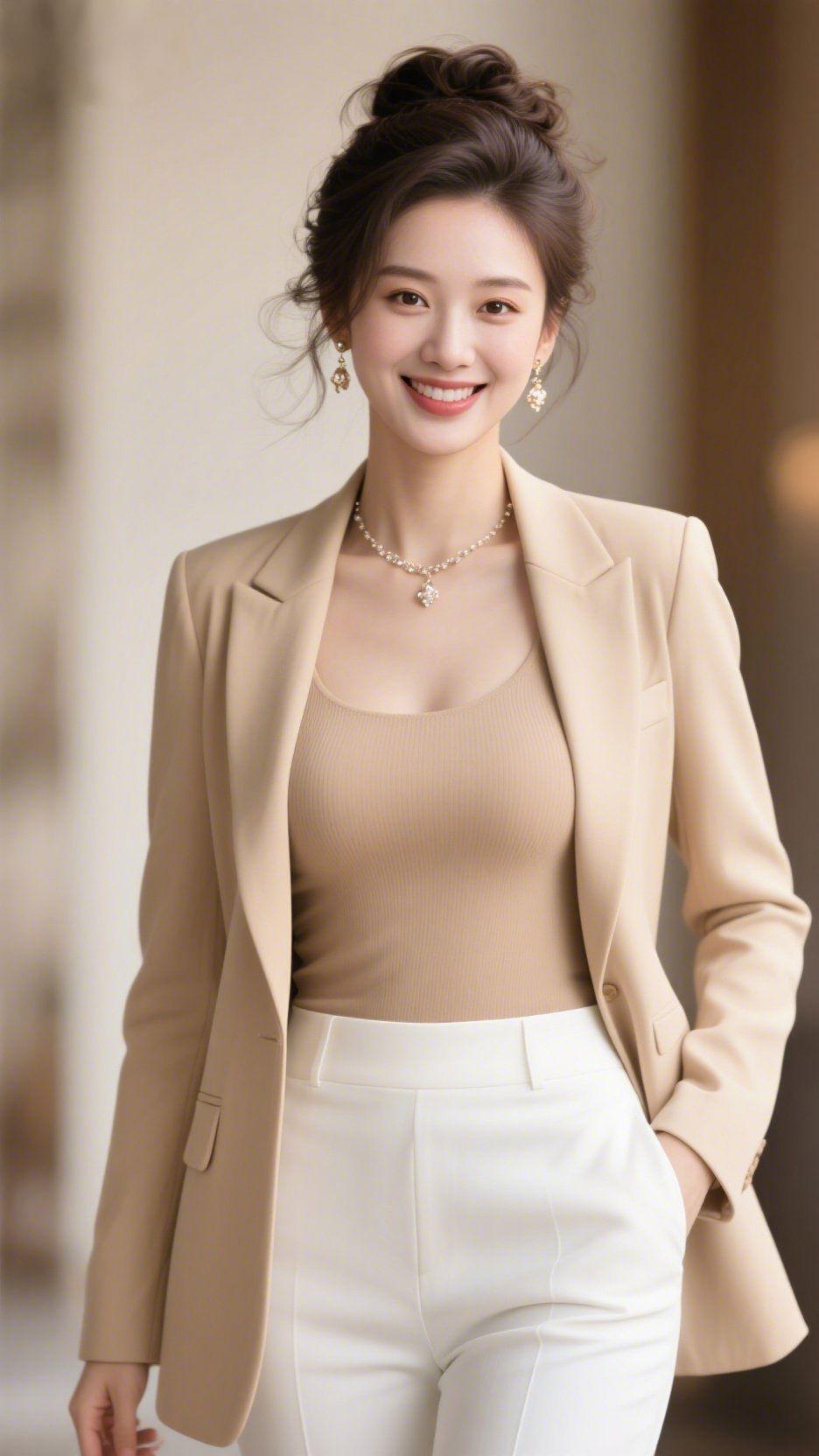 通勤时刻漾优雅
 
暖调的走廊浸着柔和的光影，浅米色西装外套带着利落的剪裁，内搭