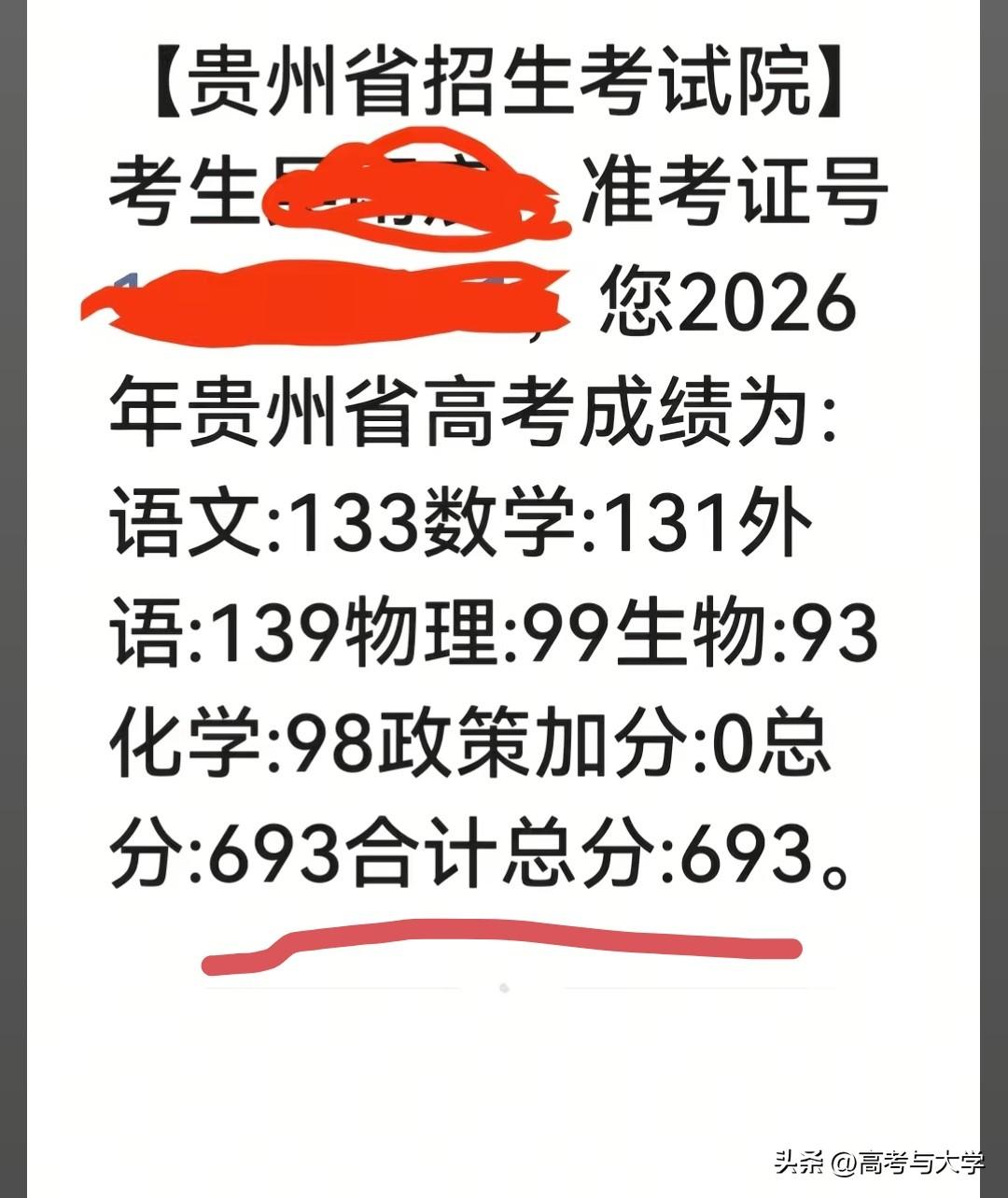 2023届黔东南中考状元今年高考成绩裸分693分，毕业于贵阳一中。
贵州