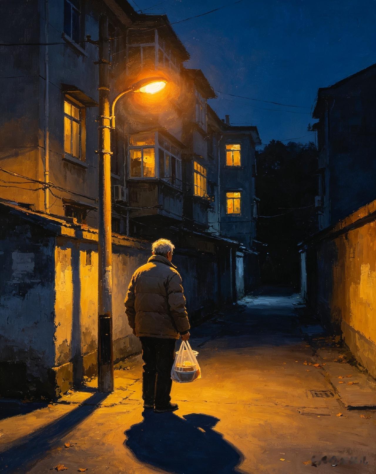 路灯下的影子

昨晚加班回家，已经是夜里十一点。

小区门口的路灯下，站着一个老