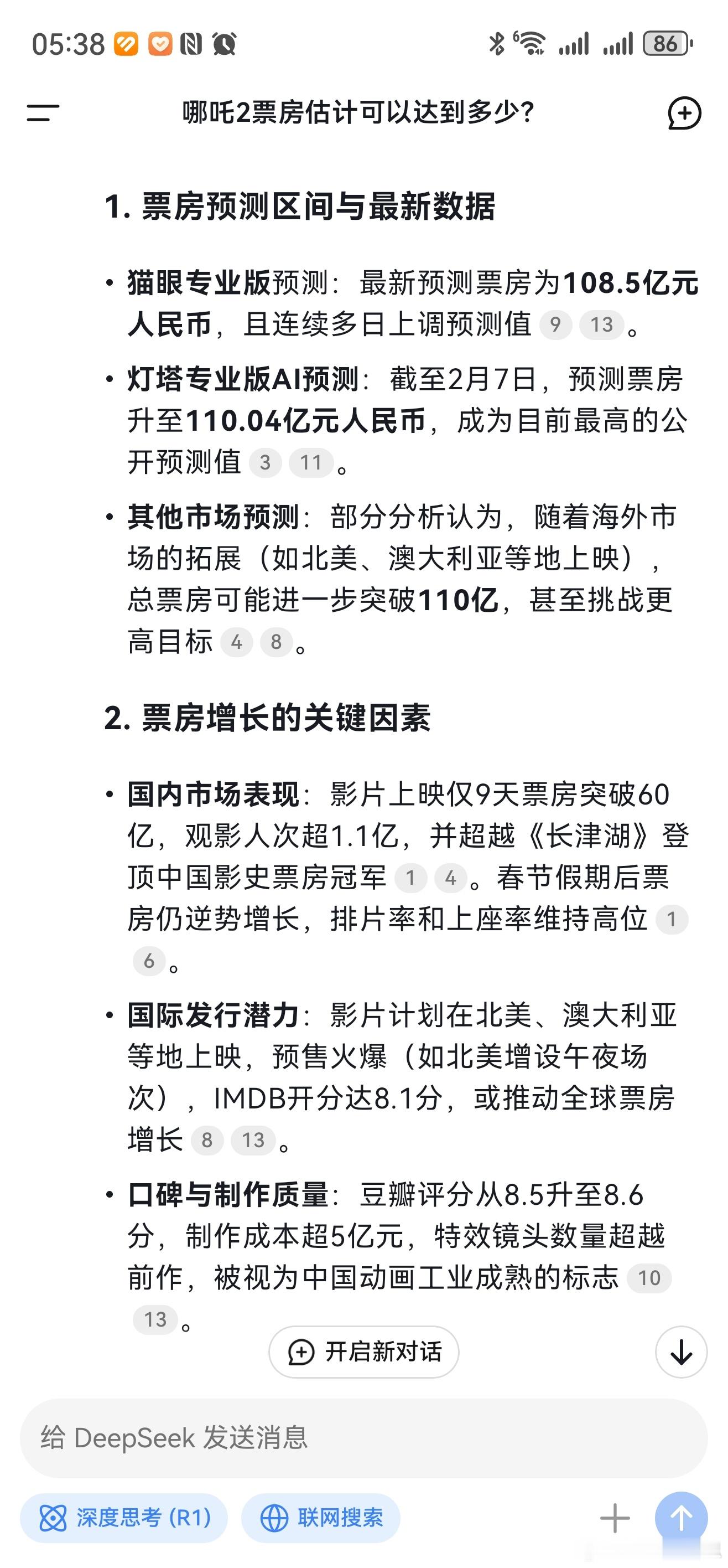 哪吒2票房超79亿元 刚用Deep seek预测了下票房，结合网络数据，可能要到