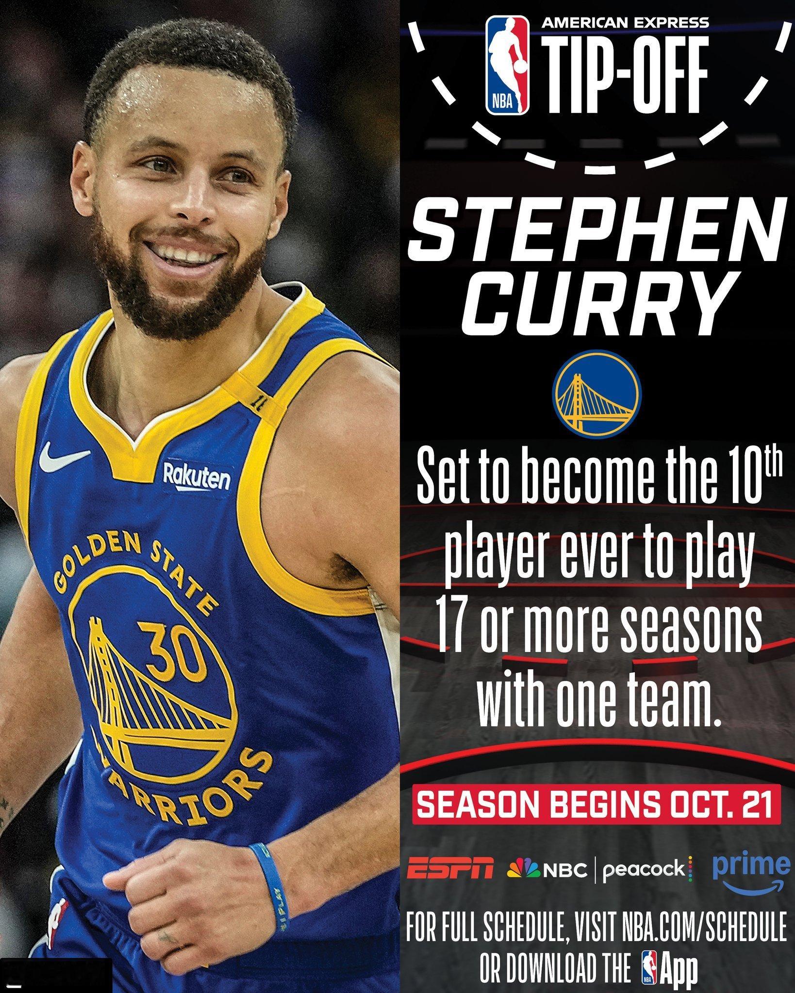 库里成为NBA历史上第10位在一支球队效力超过17个赛季的球员其他9位有6位球员