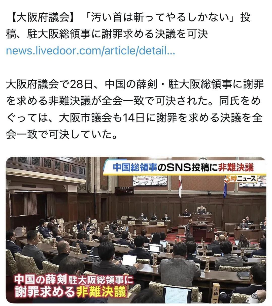 日本大阪府议会通过决议，要求中国驻大阪总领事薛剑公开道歉。

11月28号，日本
