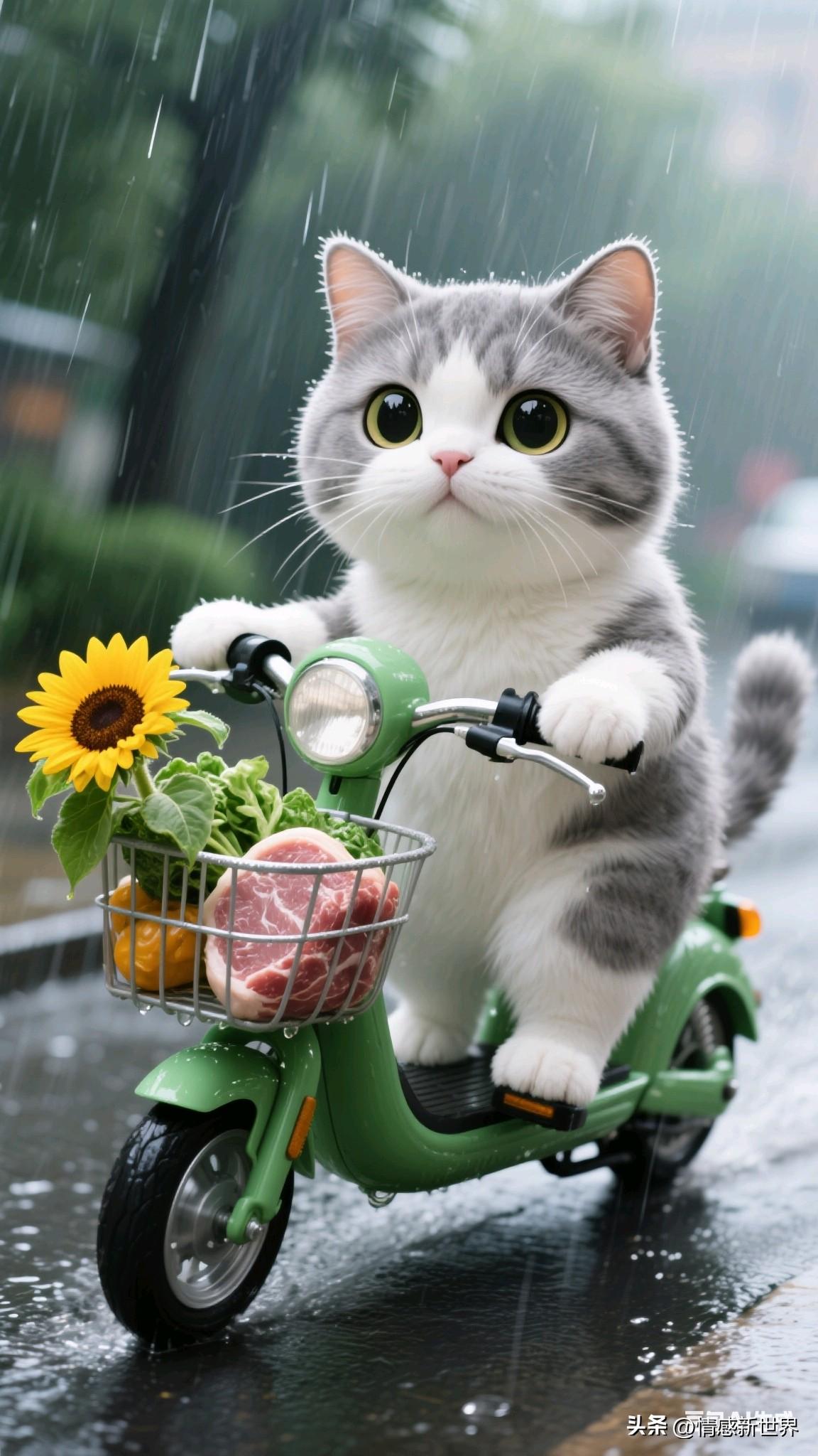 萌宠驾到！雨中猫咪骑小车，可爱满分！🐱🚴‍♀️🌧️猫宝宝骑车 雪景猫咪