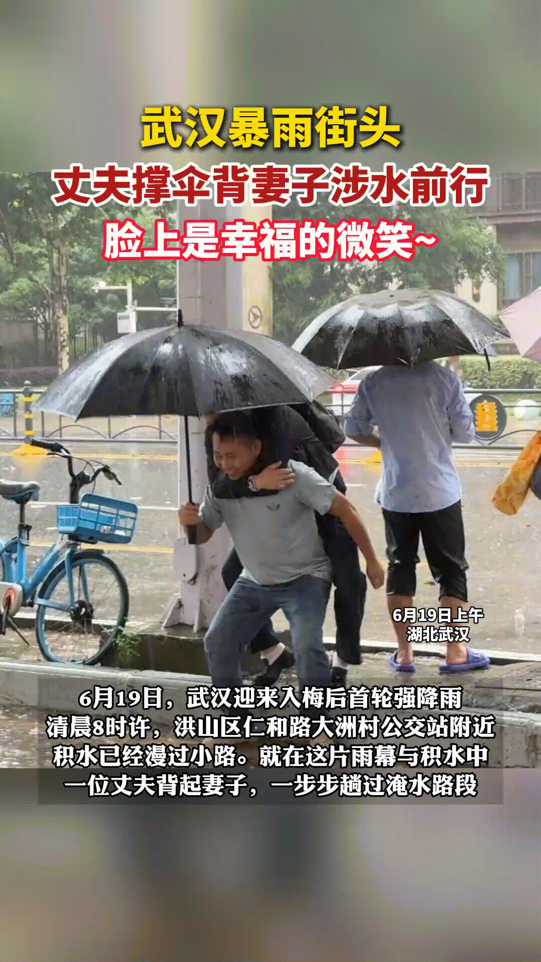 梅雨季还是没有放过武汉。洪山区仁和路大洲村公交站附近，绿化带和路成了平坦的水面。