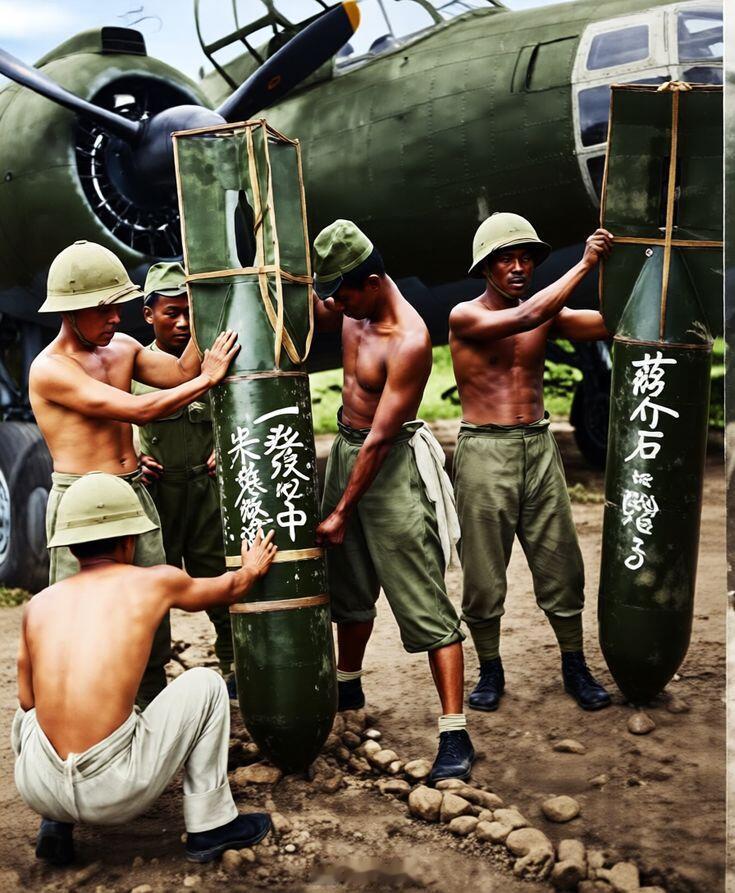 1944年9月8日，日軍士兵正在檢查轟炸機所搭載的炸彈。從炸彈塗鴉中嘲諷字眼來看