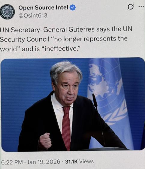 快讯！联合国秘书长古特雷斯表示，联合国安理会“已不再代表世界”，并且是“无效的”