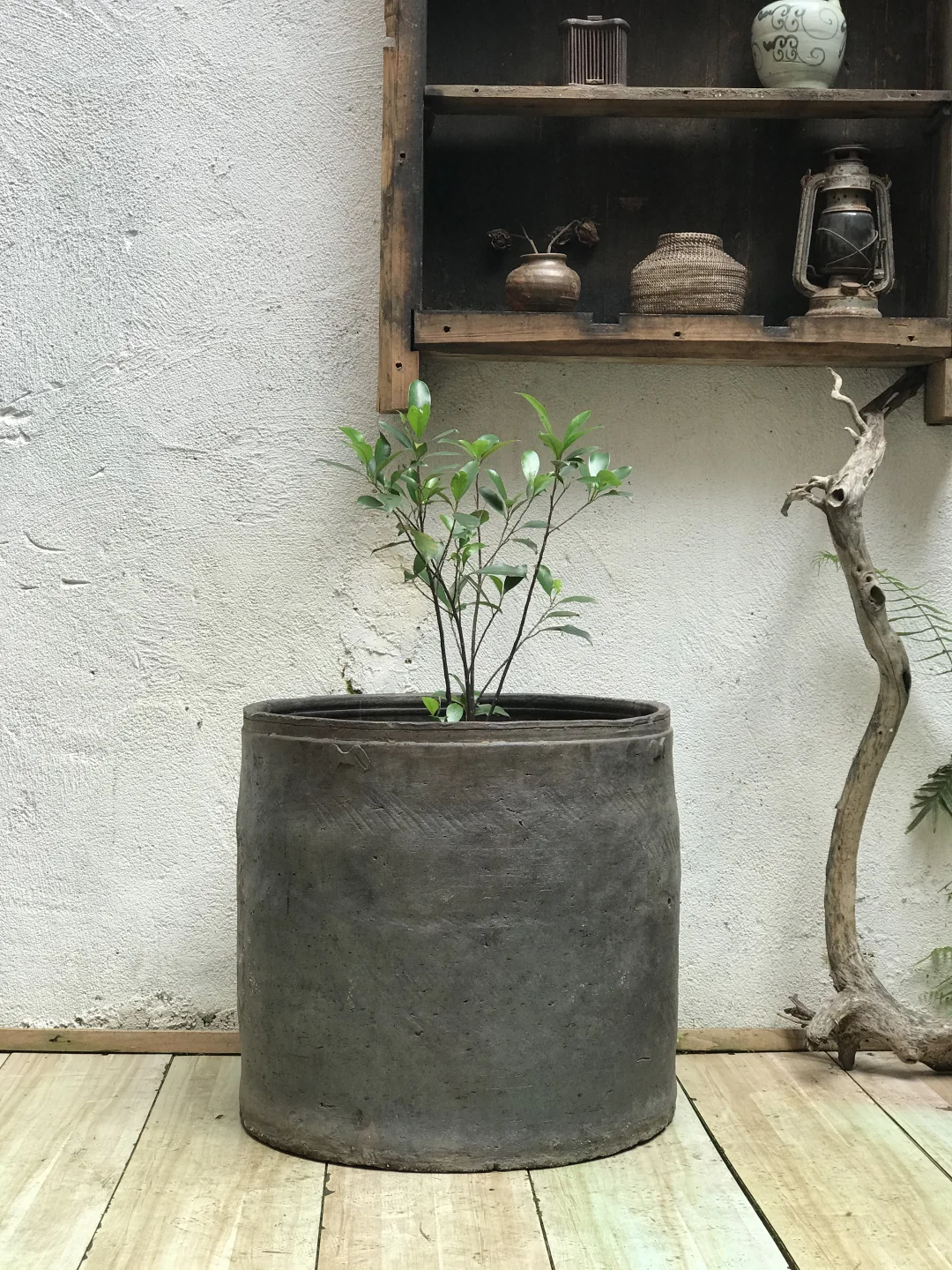 民国锡陶水缸；民宿、茶室庭院极简侘寂摆件。