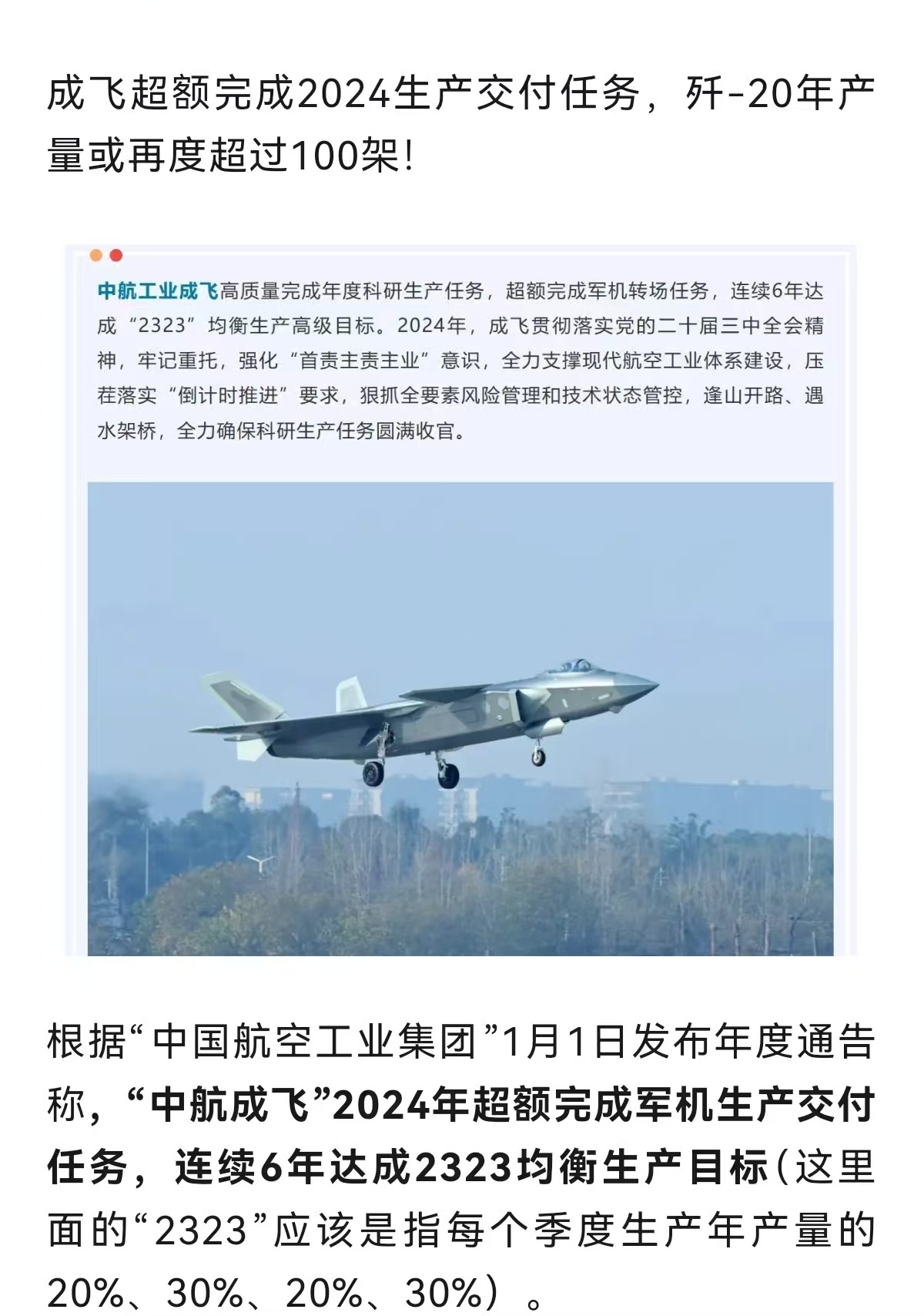 成飞又超额完成了2024年的歼-20生产任务！ 