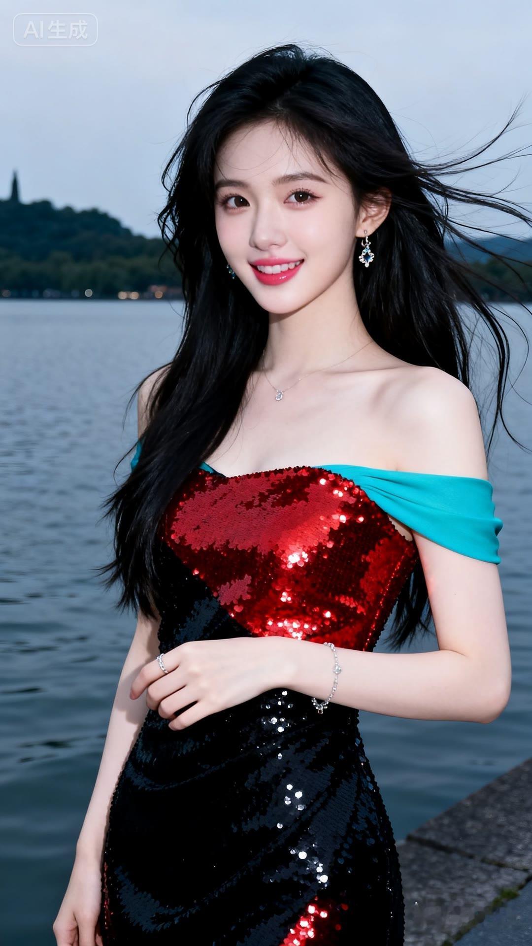 海边少女，闪闪发光的晚礼服，甜美笑容，浪漫时光