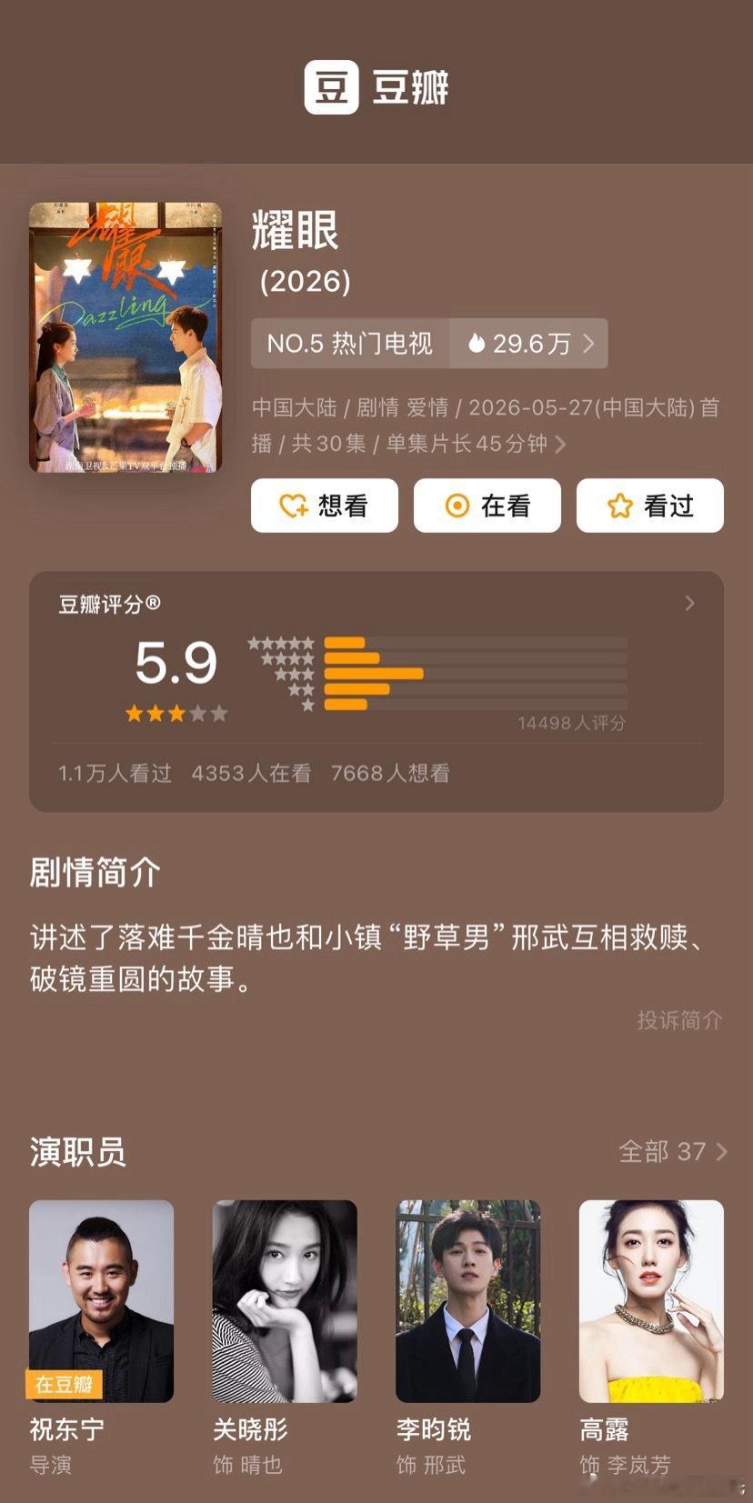 关晓彤、李昀锐耀眼豆瓣开分5.9分已播18/30集，评分人数1.4w，高了低了？