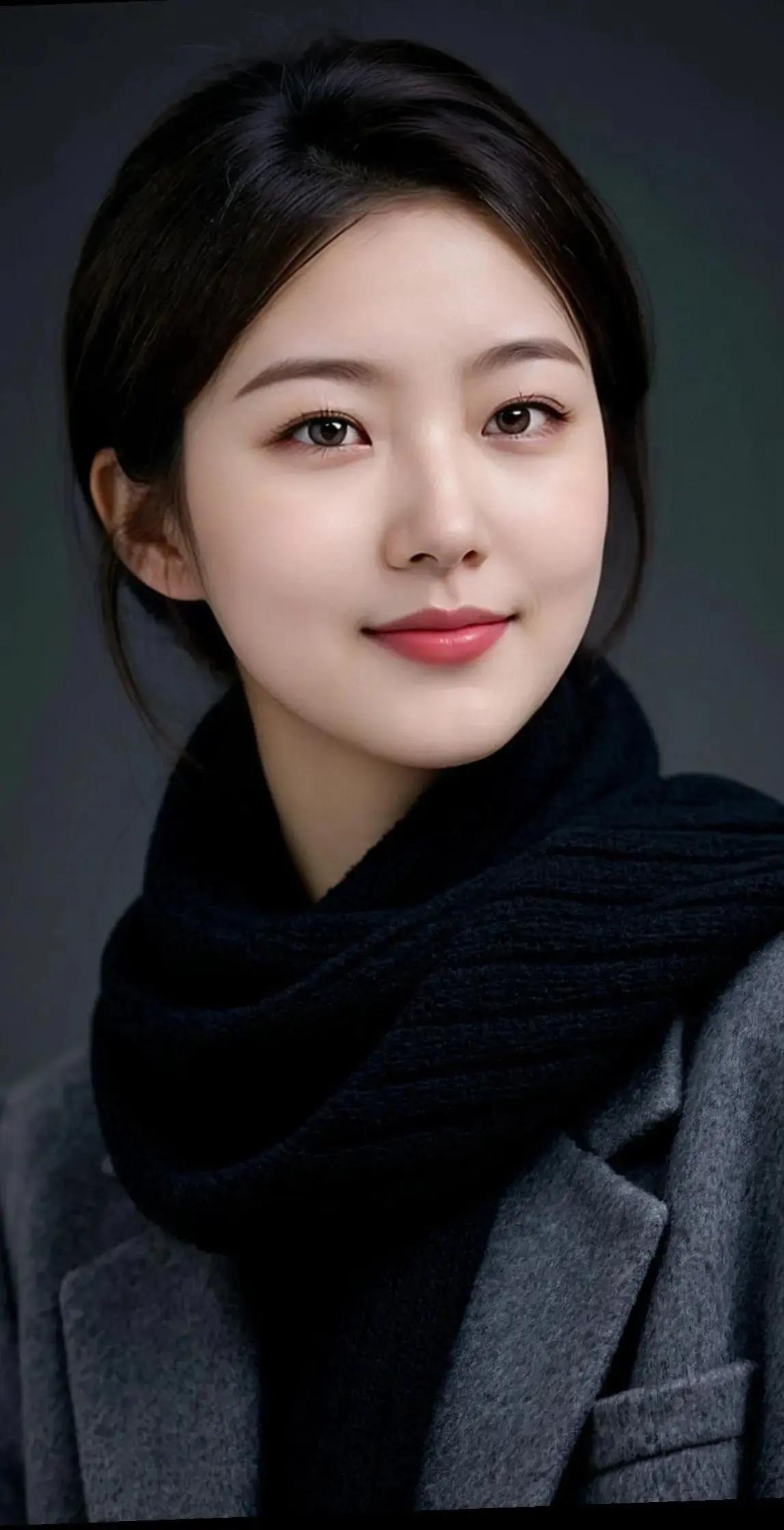 冬日暖阳下的温柔微笑，黑色围巾与灰色大衣的完美搭配，尽显优雅与温暖。
大衣灰色穿