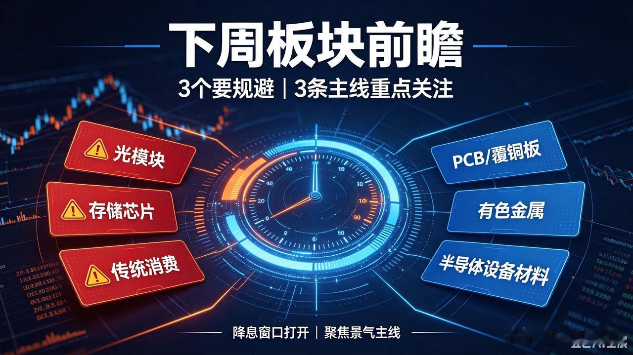 下周板块前瞻：3个要规避，3条主线可重点关注
 
风险提示：内容仅为产业逻辑梳理