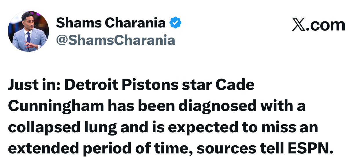 Shams 消息：据ESPN消息源，底特律活塞球星凯德坎宁安被诊断为气胸（肺部塌