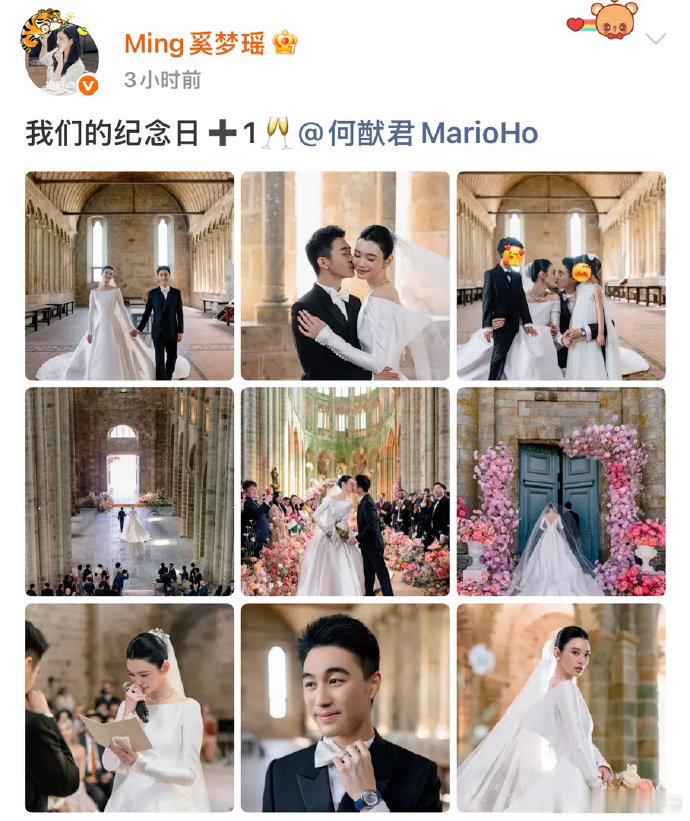 奚梦瑶婚礼抱儿女合照奚梦瑶晒婚礼照片奚梦瑶九宫格婚礼合照新鲜出炉法国古堡兑现七年
