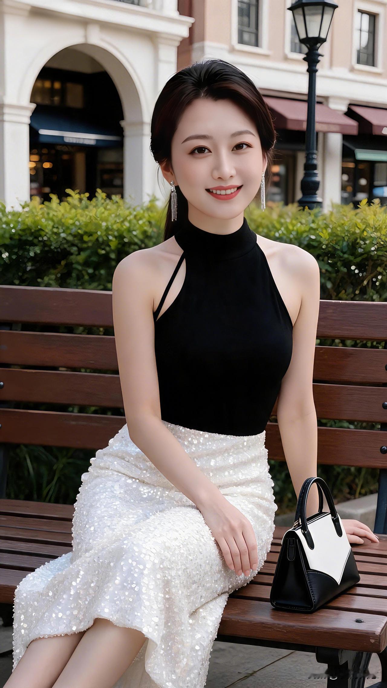 黑挂脖搭配亮片半裙，简约又带着精致的微光感。漫步街头，从容优雅，把日常穿出轻礼服