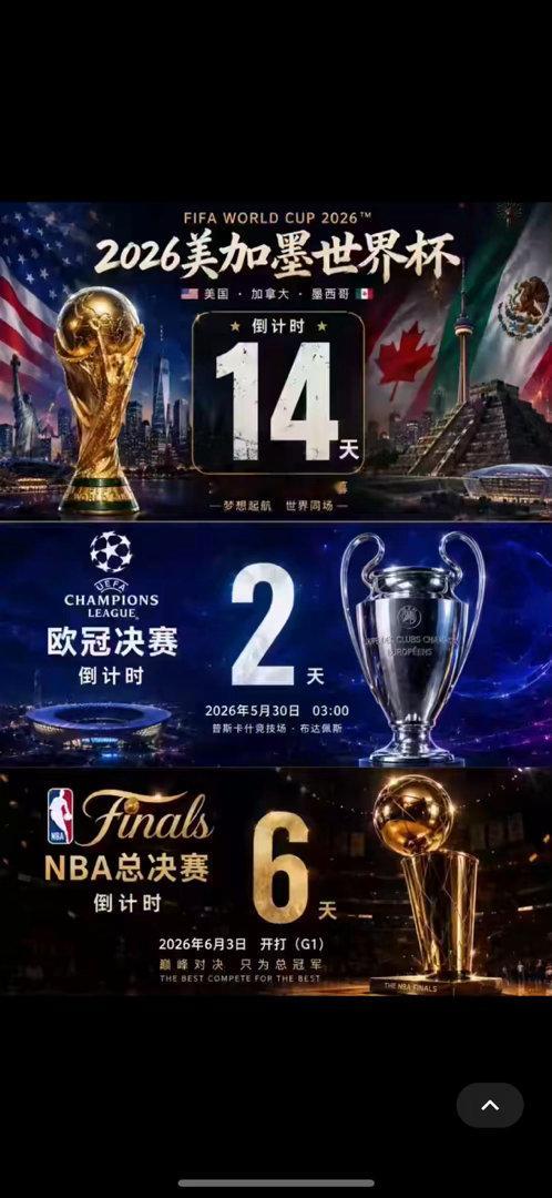 三大顶级赛事扎堆来袭！欧冠决赛2天后打响、NBA总决赛6天后开战、2026世界杯
