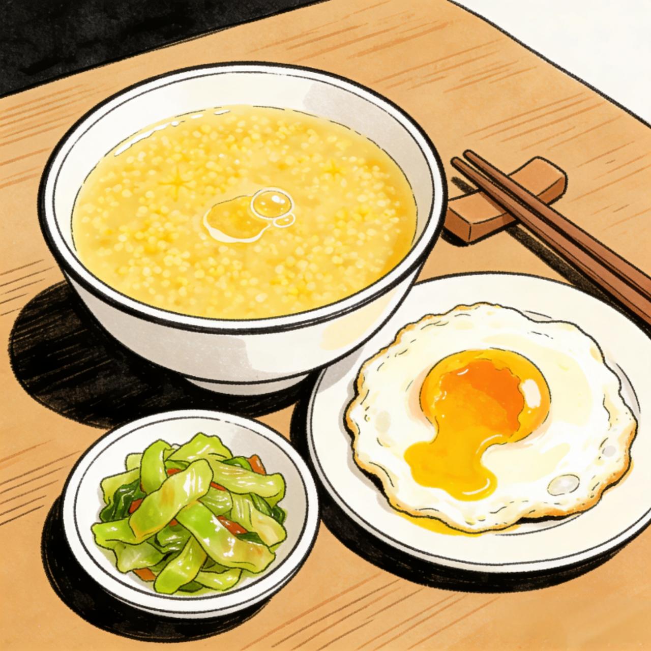 你家的早餐都是在家做还是出去吃必须在家做呀！熬一锅软糯的小米粥，煎两个流心荷包蛋