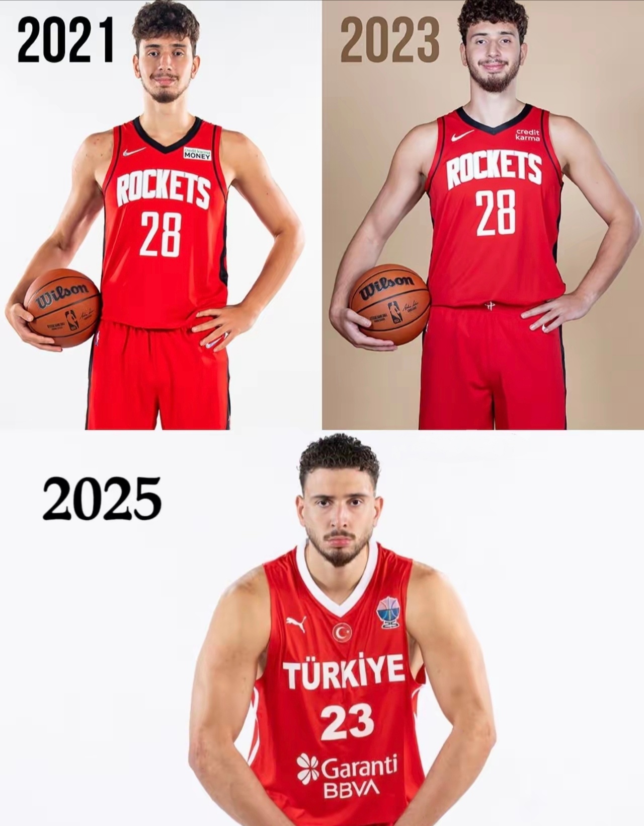 申京从2021年到2025年，身体的强壮程度是肉眼可见地有变化！！！ ​​​